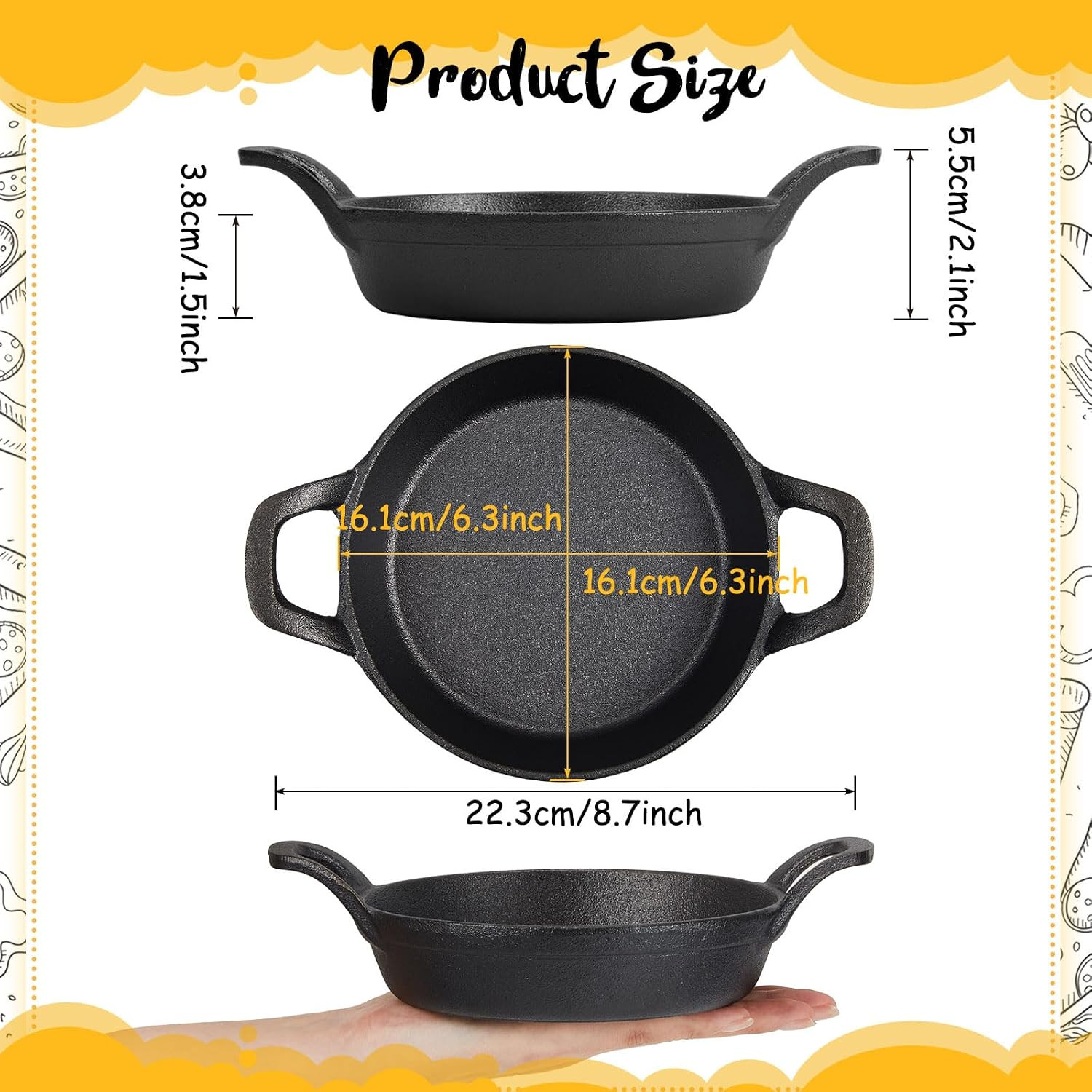 Mini Cast Iron Skillets 6.3 Inch 2 Pack Small Oven Safe Pan Ramekin Loop Handle