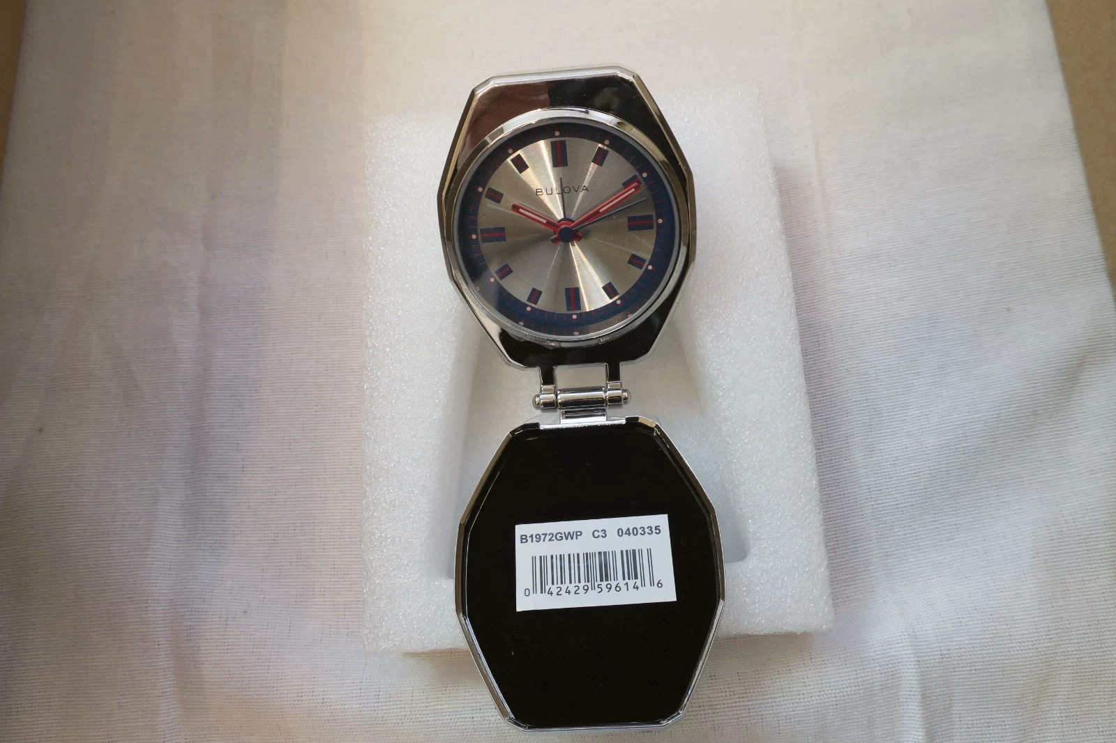 Bulova Folding Travel Alarm Clock – Silver-Tone Octagon Case, Red Accents, Quart