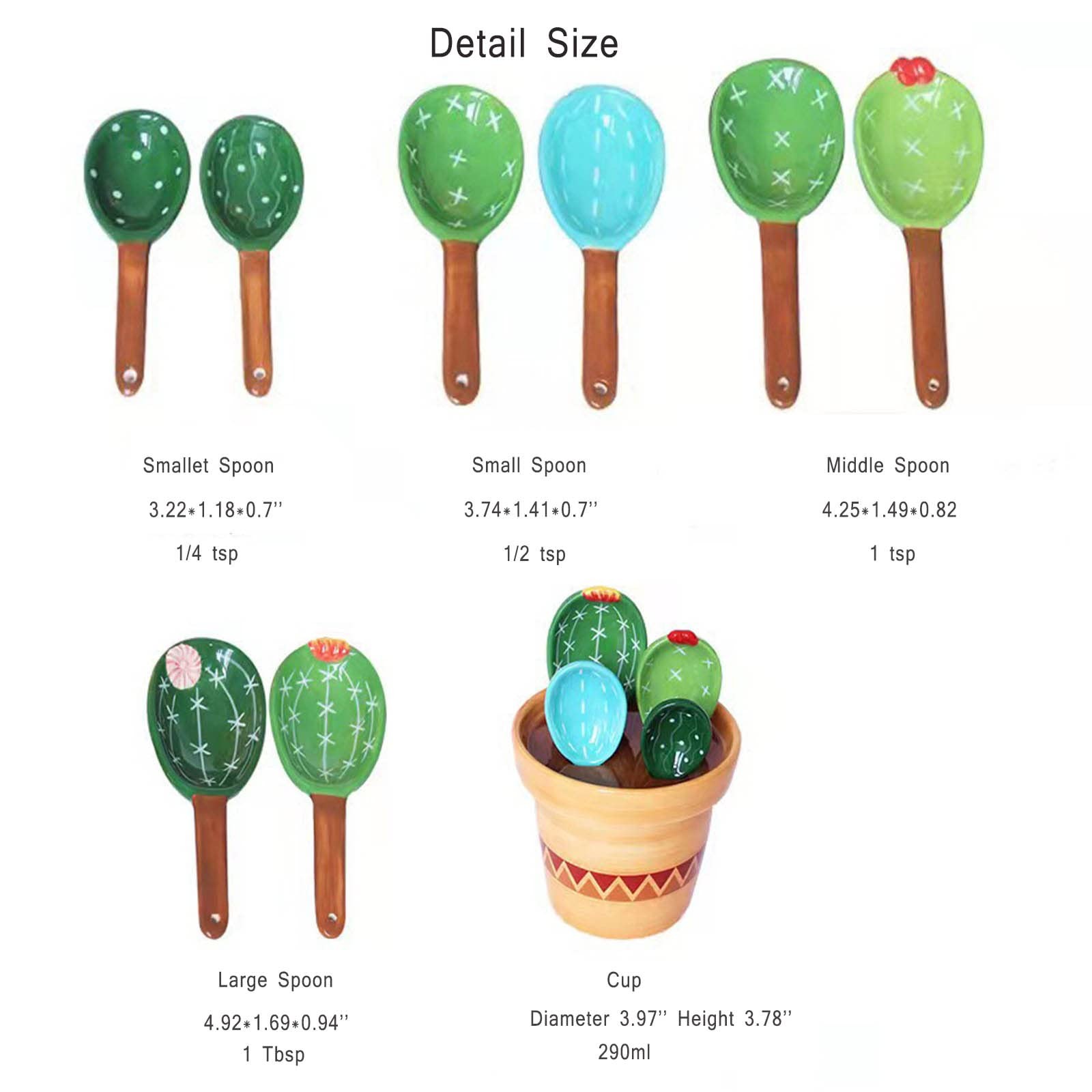 GICEY Cactus Measuring Spoons Set in Pot Ceramic Cute Small Small, Green