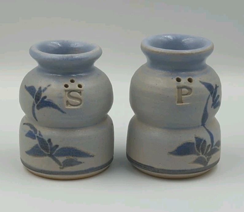 Studio Art Pottery Ceramic Blue Floral Salt And Pepper Shakers Signed