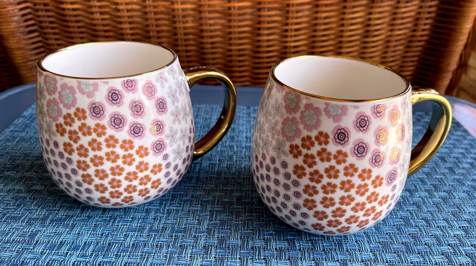 Thyme & Table Stoneware Gold Mod Floral 16oz Coffee Mugs Set Of 2 New Core Home