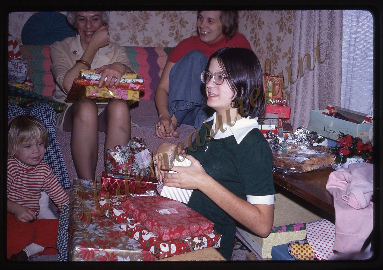 Christmas Presents Girl Glasses 35mm Slide 1970s Kodachrome