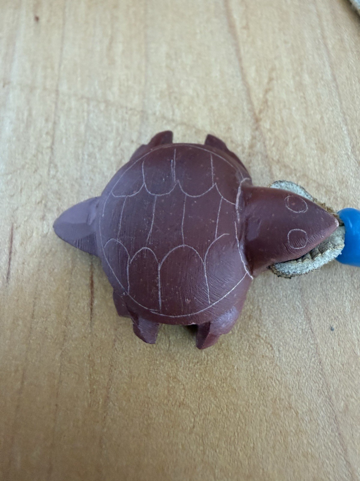 VTG Red Pipestone Turtle Fetish Carving signed CB Rawhide Necklace
