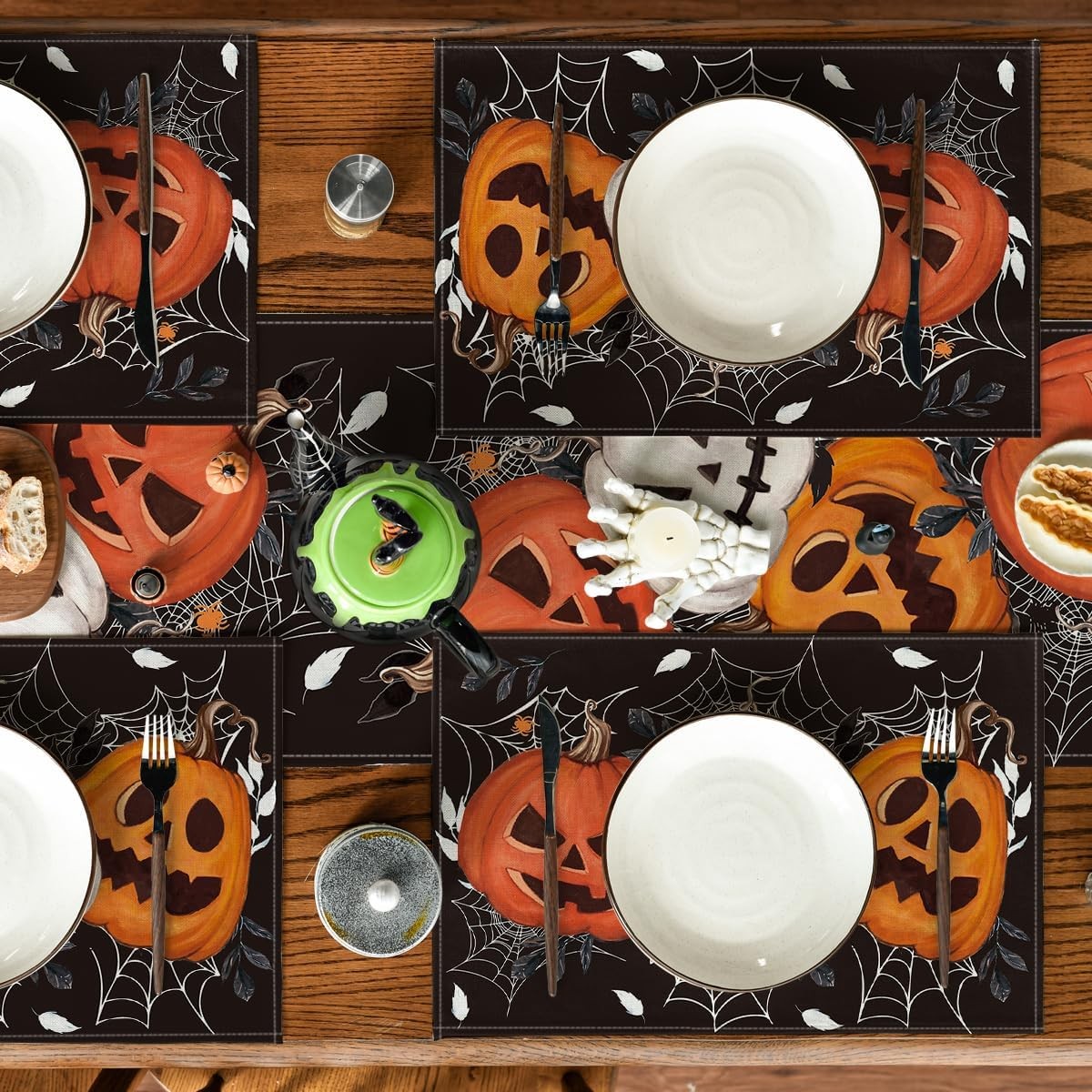 4 Pcs Black Pumpkins Spider Web Halloween Placemats 12 x 18 Inch