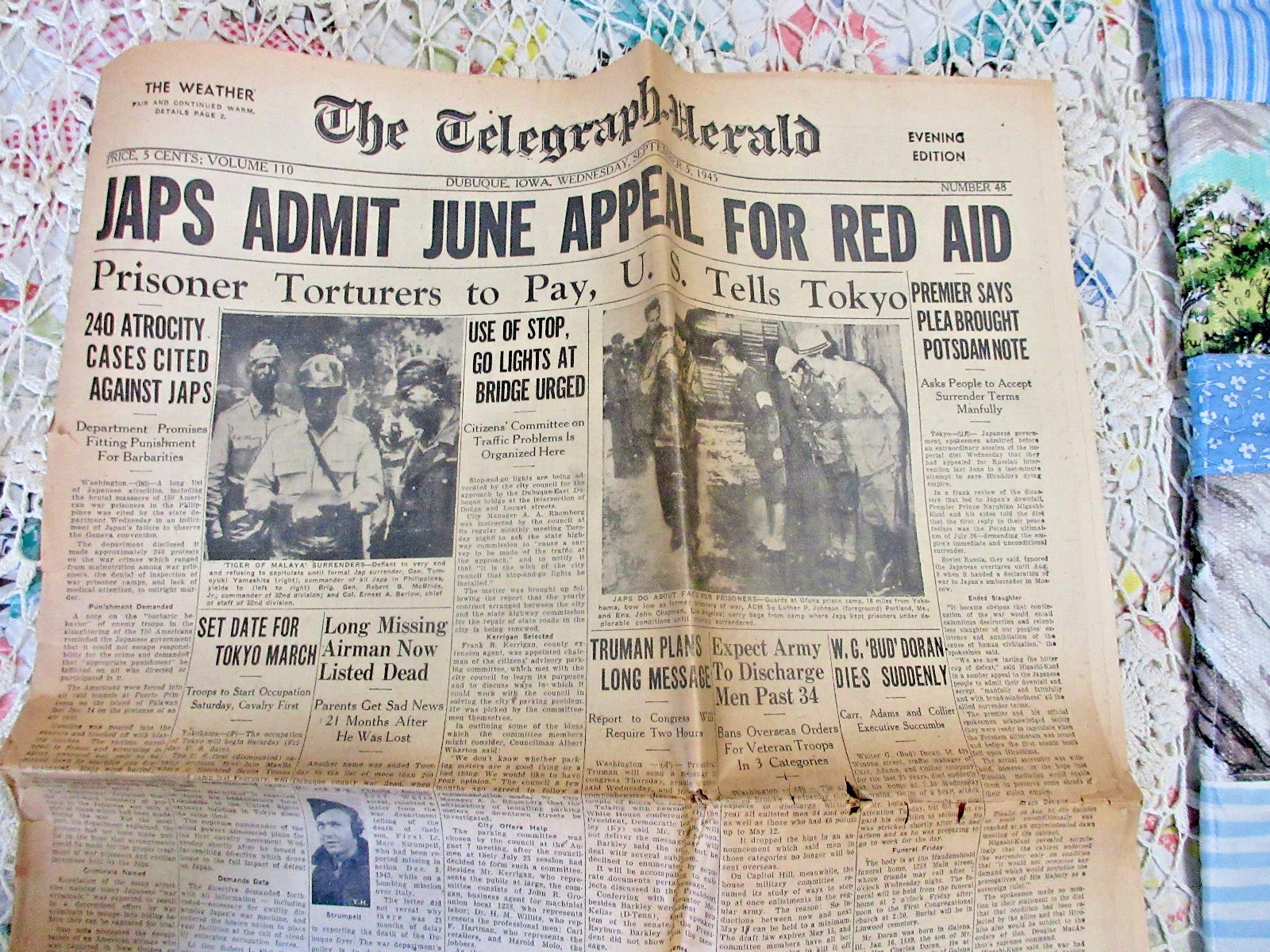 Newspaper WWII-WW2 Dubuque T- Herald 9/5/1945 “JAPS ADMIT APPEAL FOR RED AID”