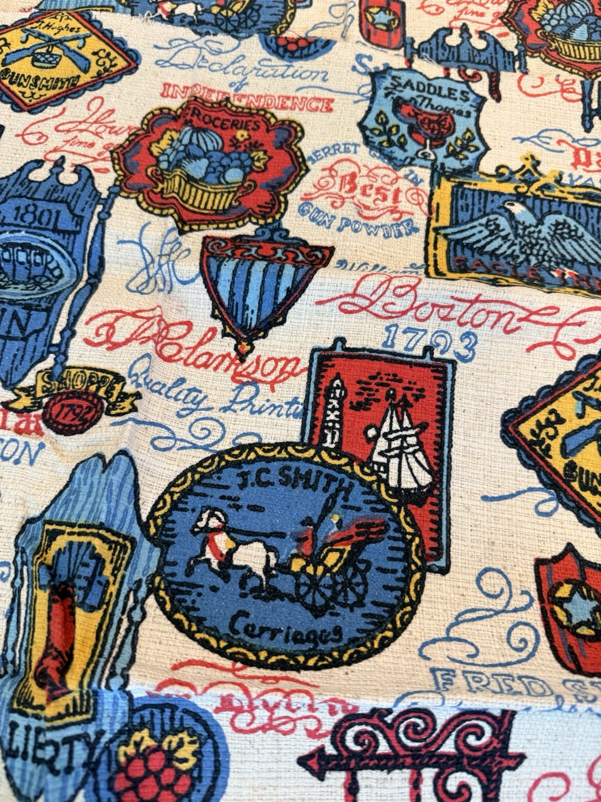 Vintage 50s Bark Cloth Fabric Americana 1793 Declaration Of Independence Curtain
