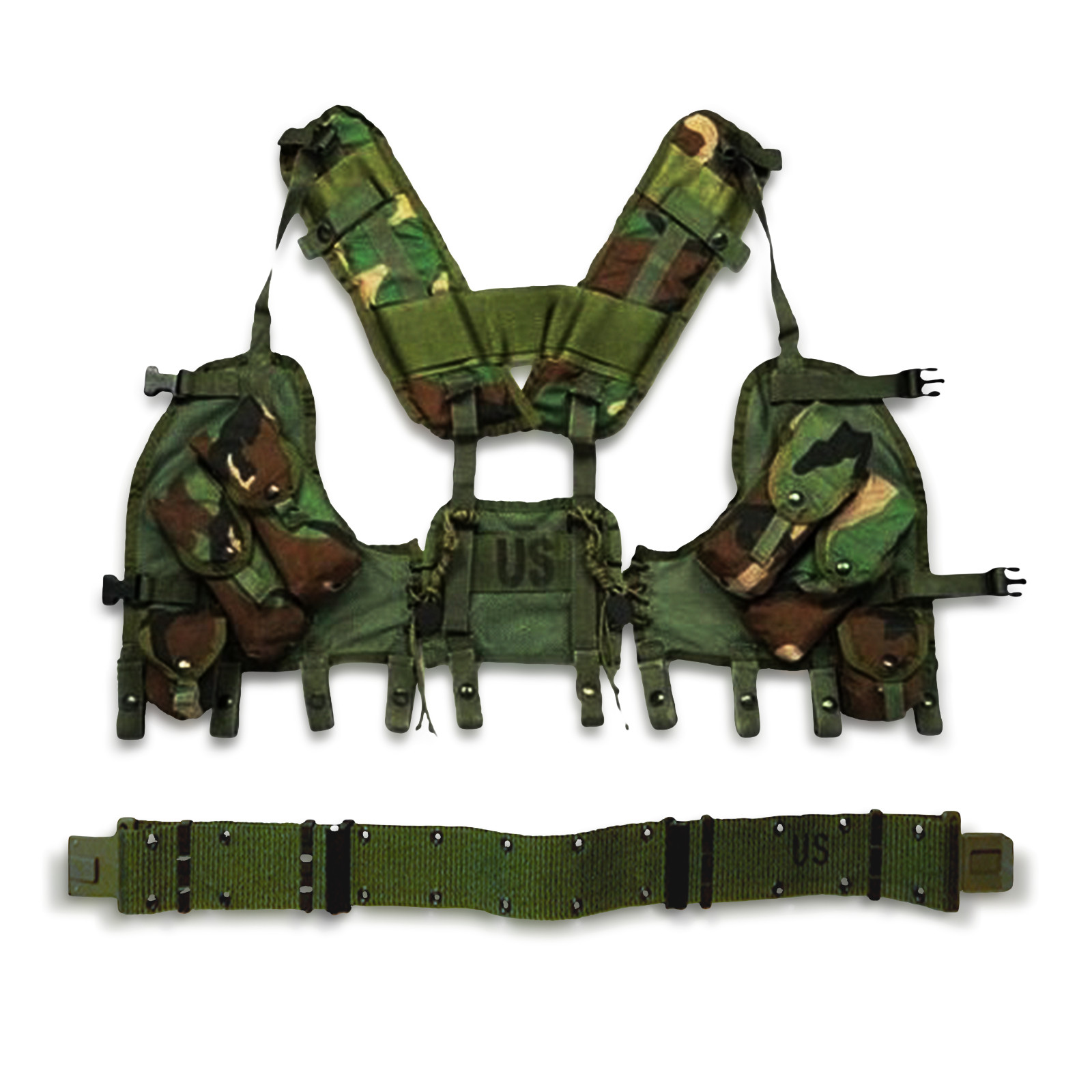 NEW N BAG USGI ENHANCED WOODLAND CAMO LOAD BEARING VEST LBV + MEDIUM PISTOL BELT