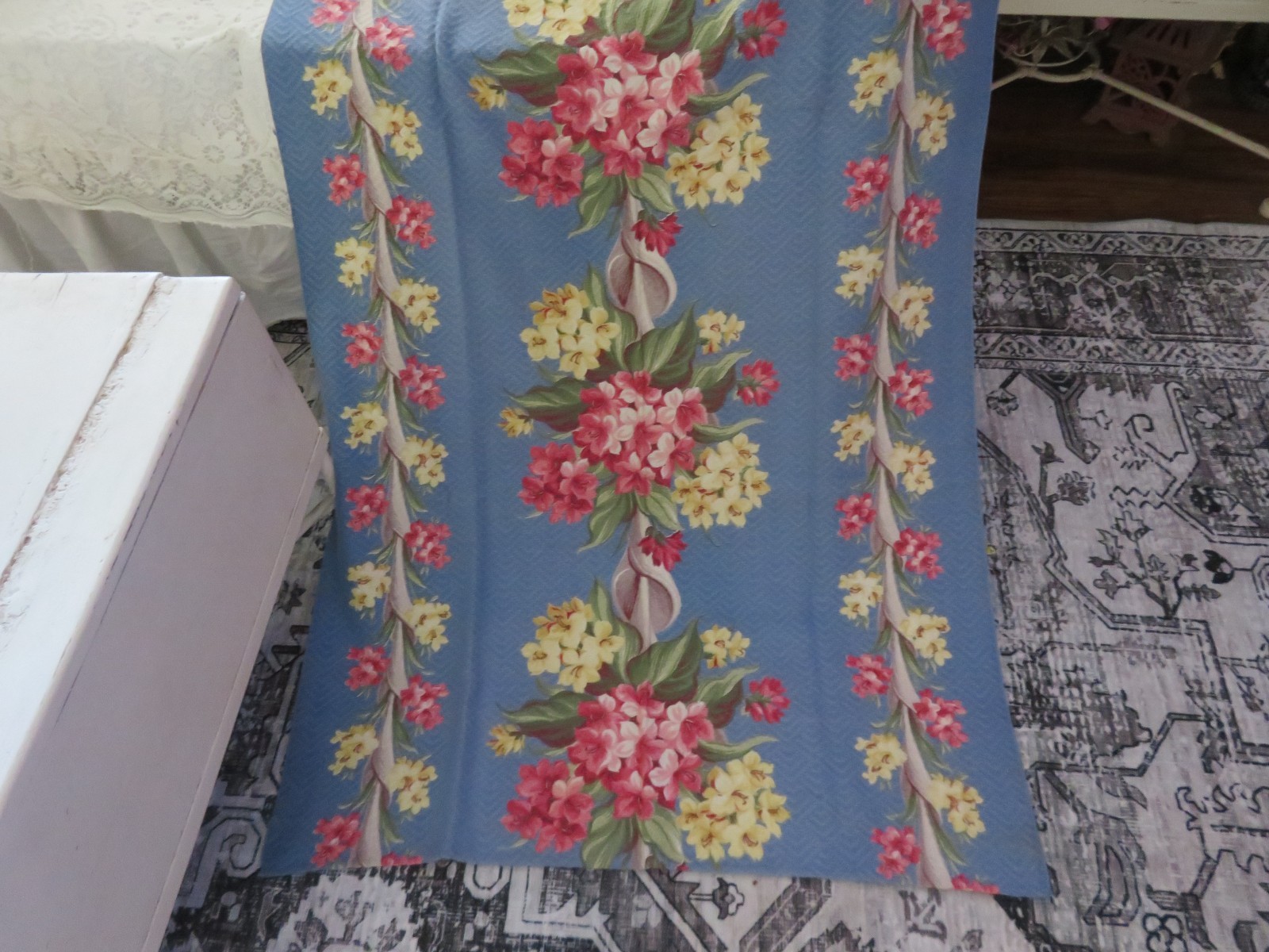 1940’s Scrolls & PINK Florals on Denim Blue ROMANTIC Nubby Barkcloth Drapes