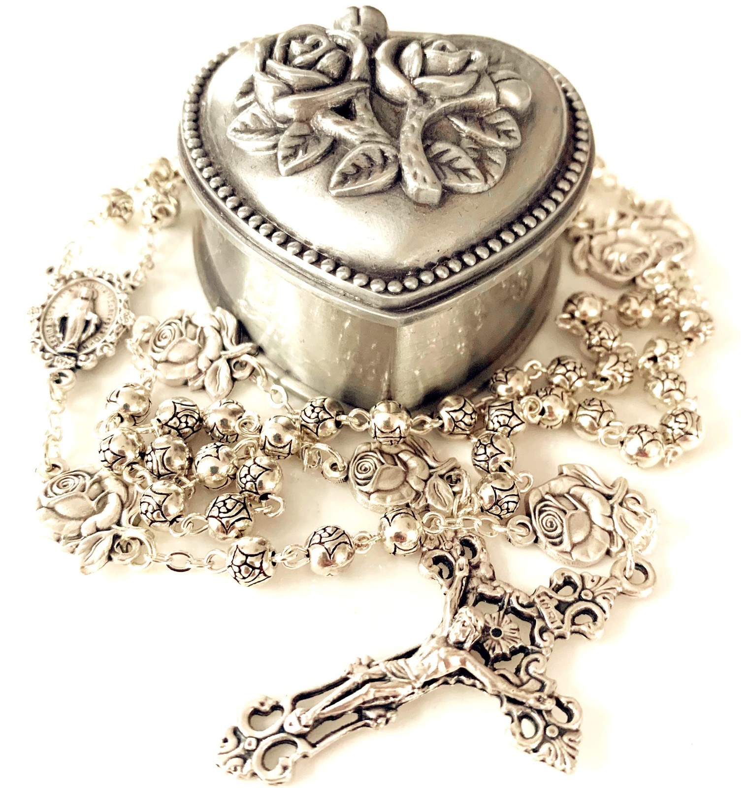 HANDMADE Silver Rose Beads Catholic 5 DECADE Rosary Case Cross Gift Box Italy Cr