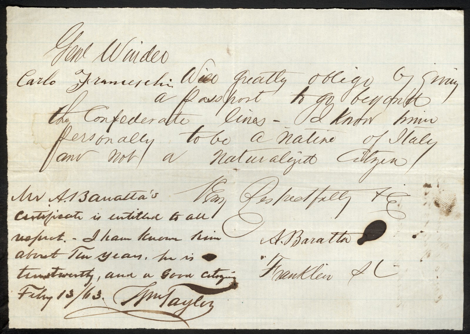 1863 Request for Passport Beyond Confederate Lines – General Winder