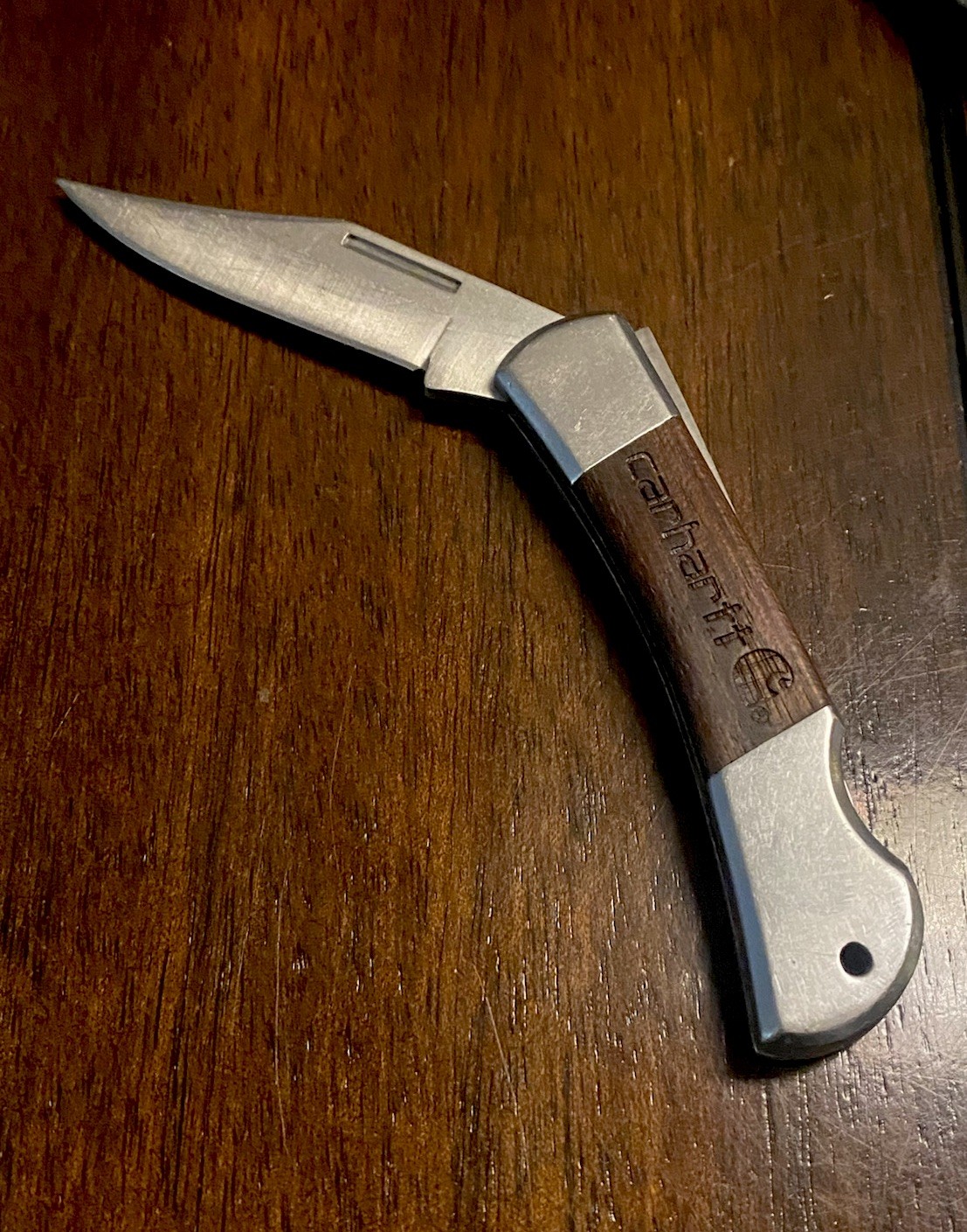 Carhartt ( Schrade?) Single Blade Folding Pocket Knife Woodgrain/ Lockback