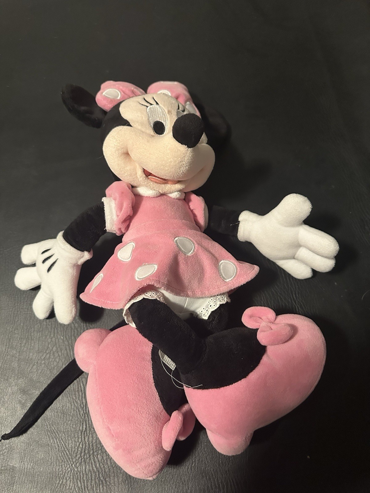 Disney Plush Minnie Mouse Pink Polka Dot Dress and Bow, 15″, Good Condition