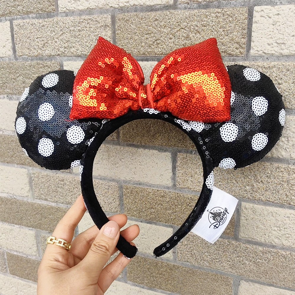 Disney- Parks Minnie Ears Black White Polka Dot Sequin Red Bow Classic Headband