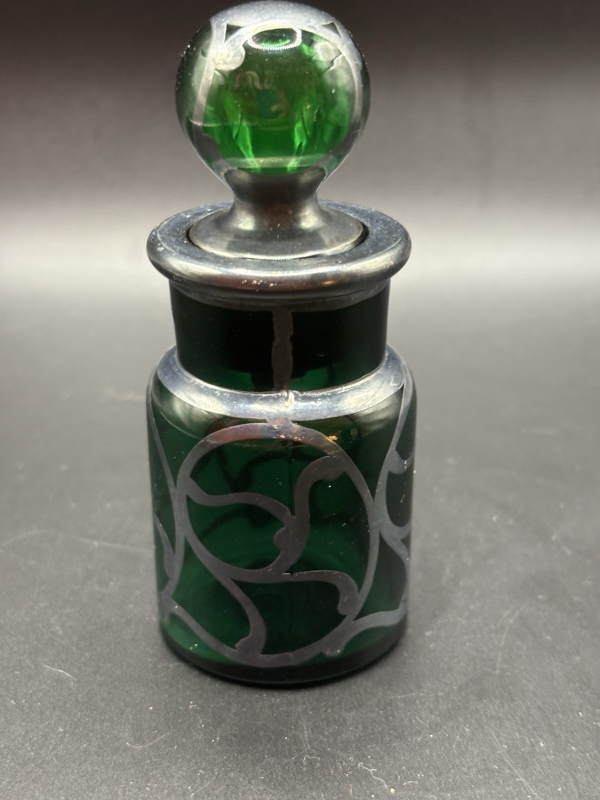 Green With Silver Overlay Perfume Bottle – Victorian/Art Nouveau