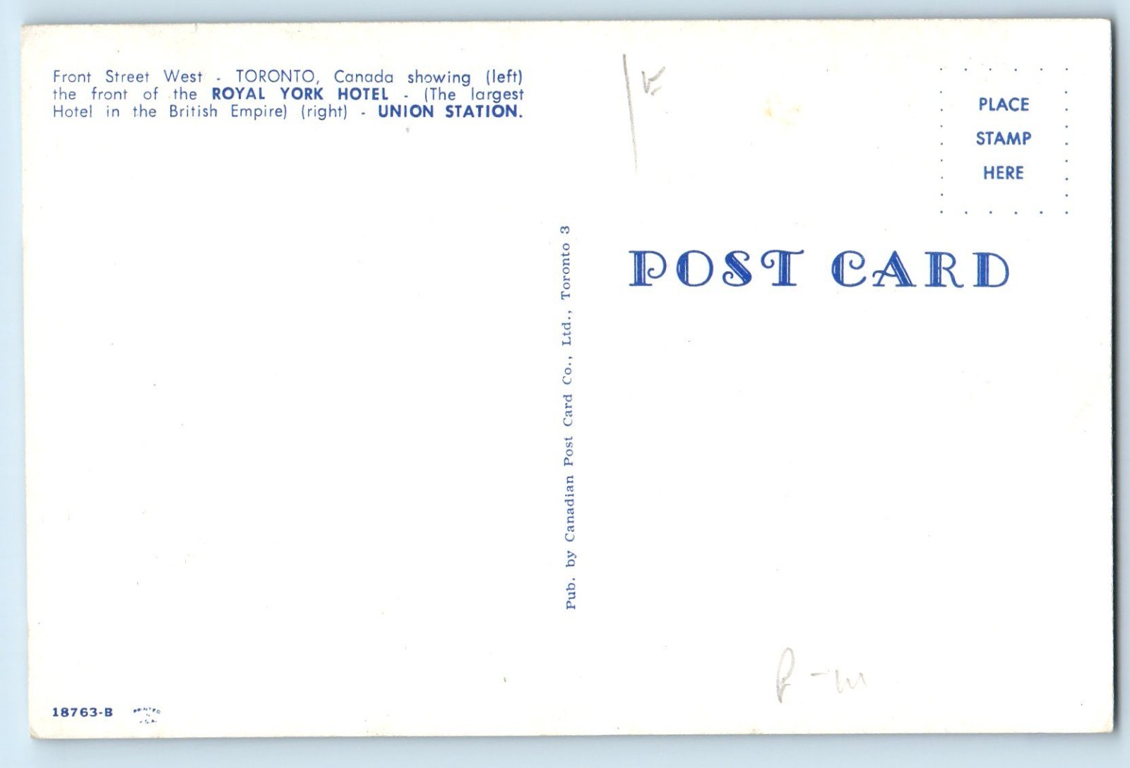 Toronto Ontario Canada Postcard Front Street West Royal York Hotel c1950’s