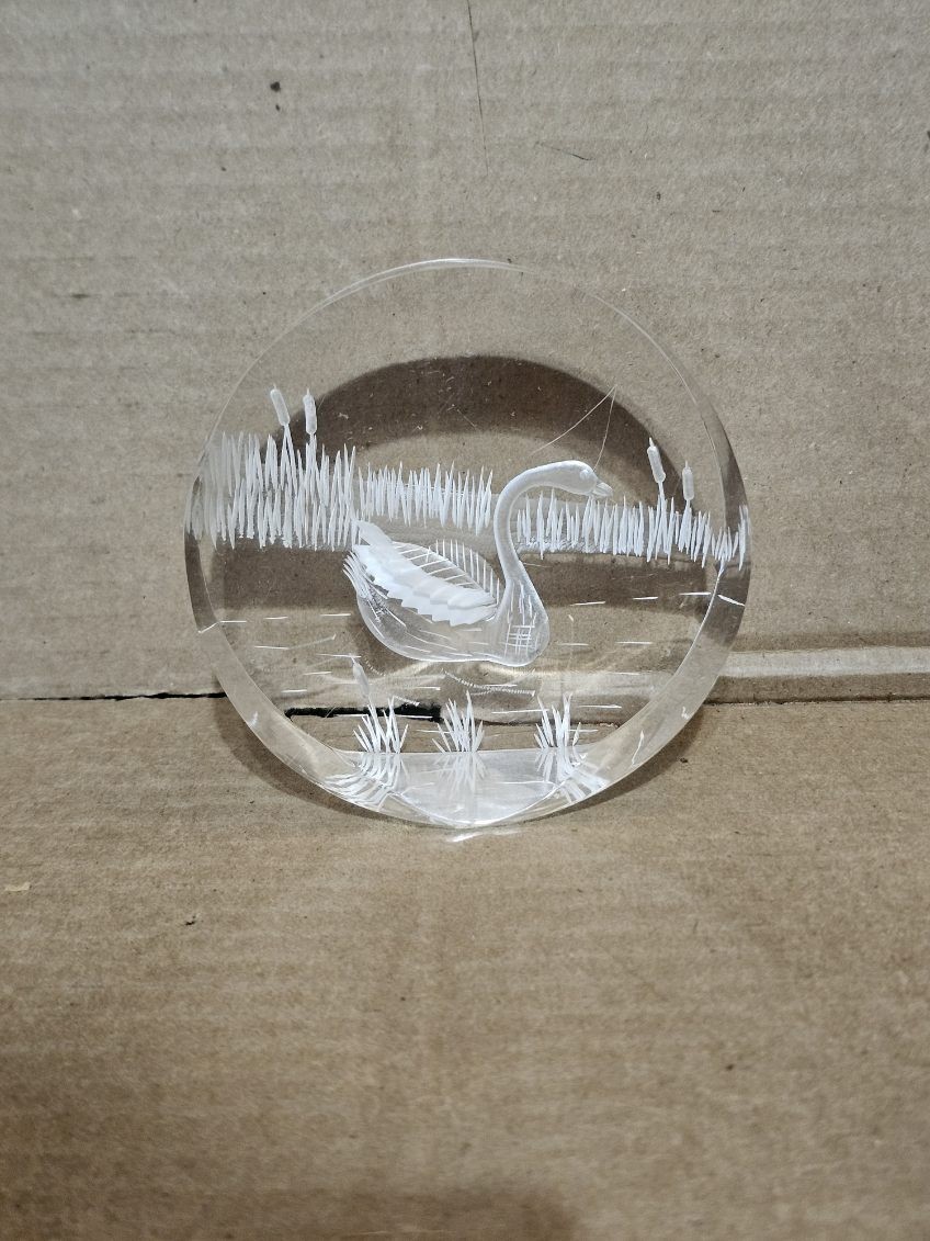 Vintage Swan In Water Lucite Acrylic Round Sculpture Reverse Carved
