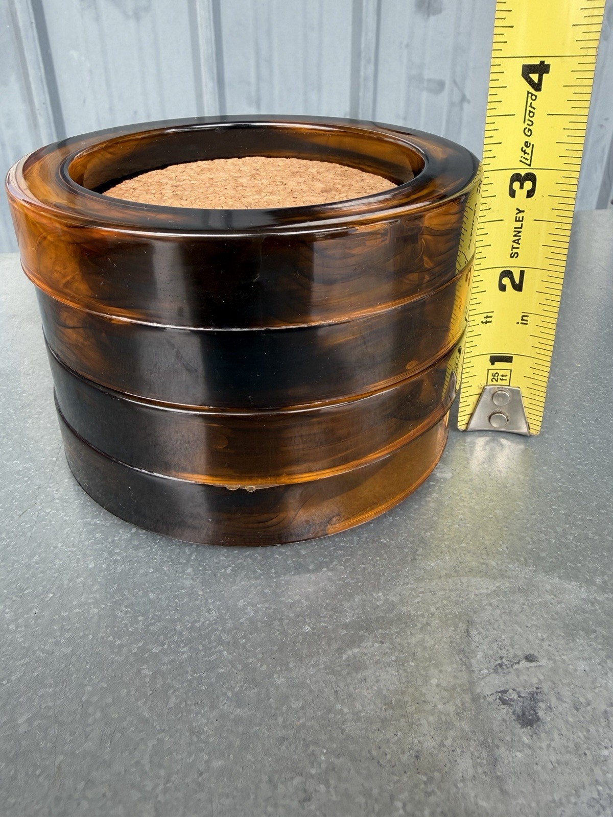 Vintage MCM Plastic Cork Coaster Set Faux Tortoise Shell Swirl Set 4 Stackable