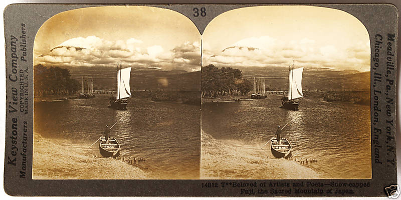 Keystone Stereoview of Boats on River & Mount Fujiyama, Japan (Mt. Fuji) K50 #38