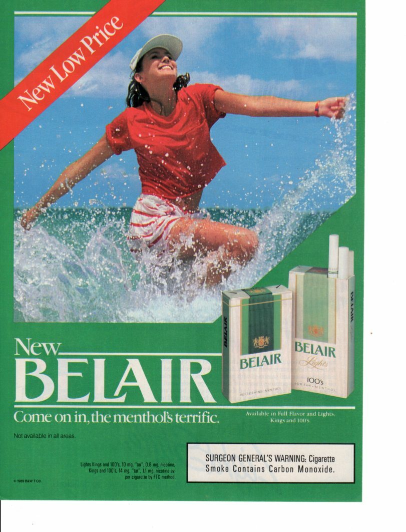 Vintage print ad Tobacco Cigarettes Belair Pretty Lady Makes a Splash Menthols