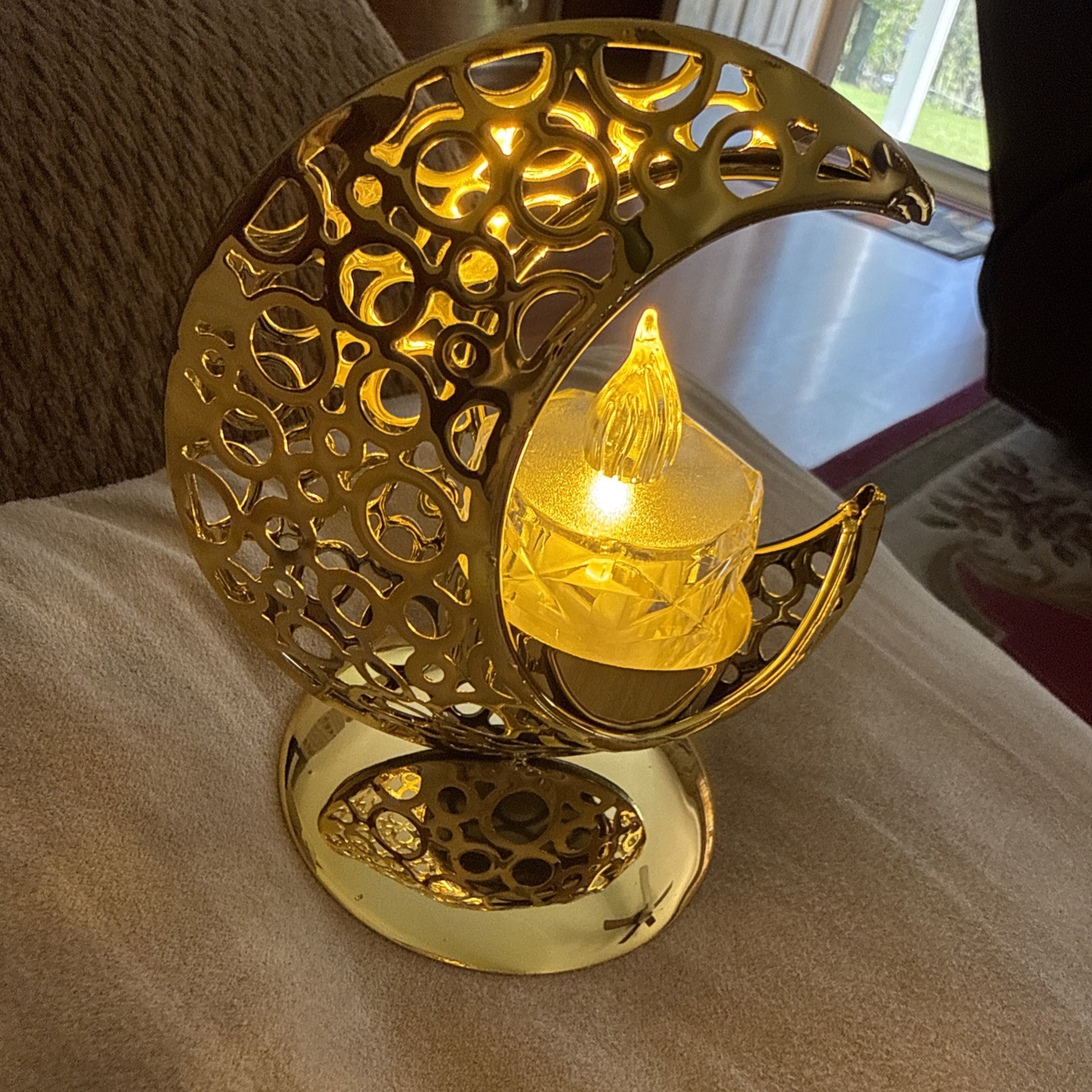 Gold Crescent Moon Iron Candle Holder On Stand That Includes Candle