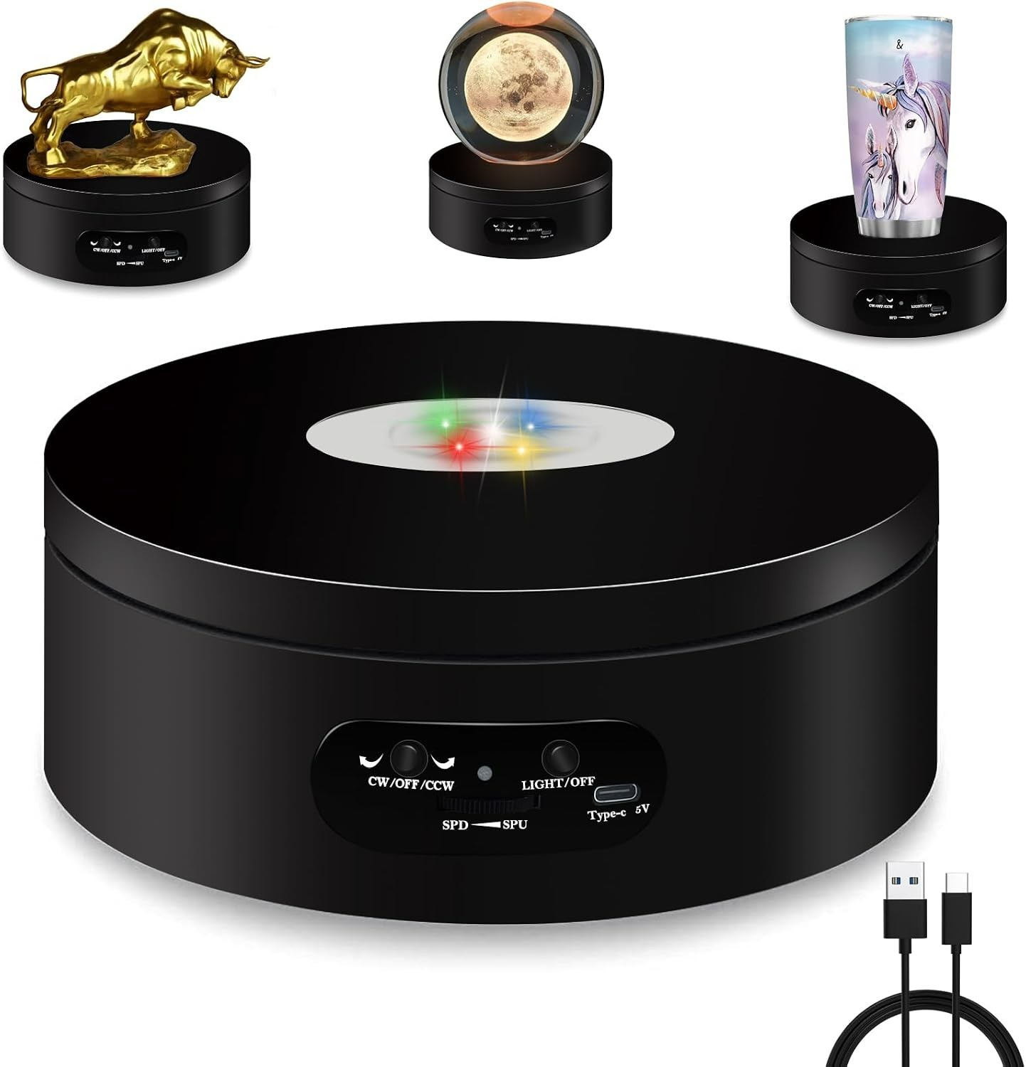 YVV LED Rotating Display Stand, Lighted Base-Crystal Glass Art, 360 Degree Autom