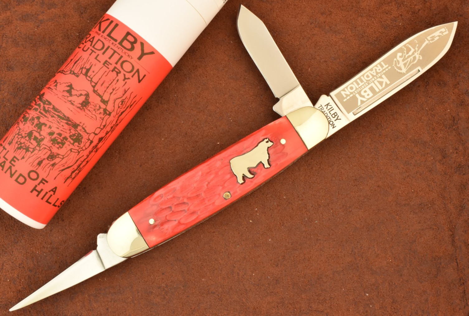 KILBY TRADITION PINE KNOT KY RED BONE “CATTLE OF A THOUSAND HILLS” STOCK KNIFE