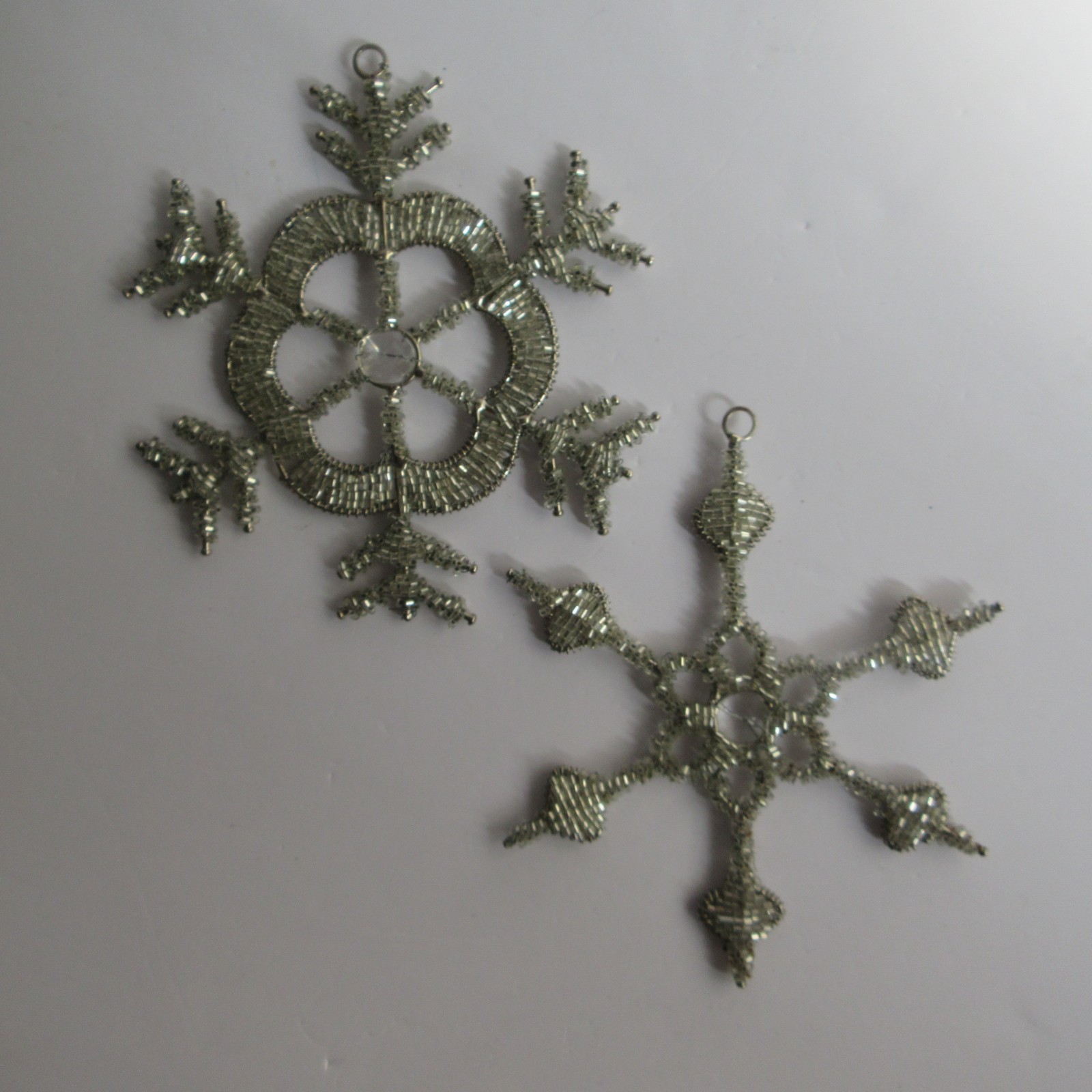 Glass & Crystal Beaded Silver Metal Snowflake Christmas Ornament 6” Lot of 2