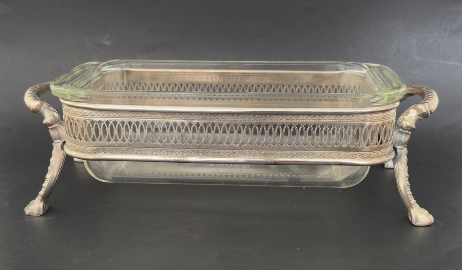 Silverplate Stand Glass Pyrex Loaf Pan #213 Casserole Serving Dish 2 pc Set Vtg