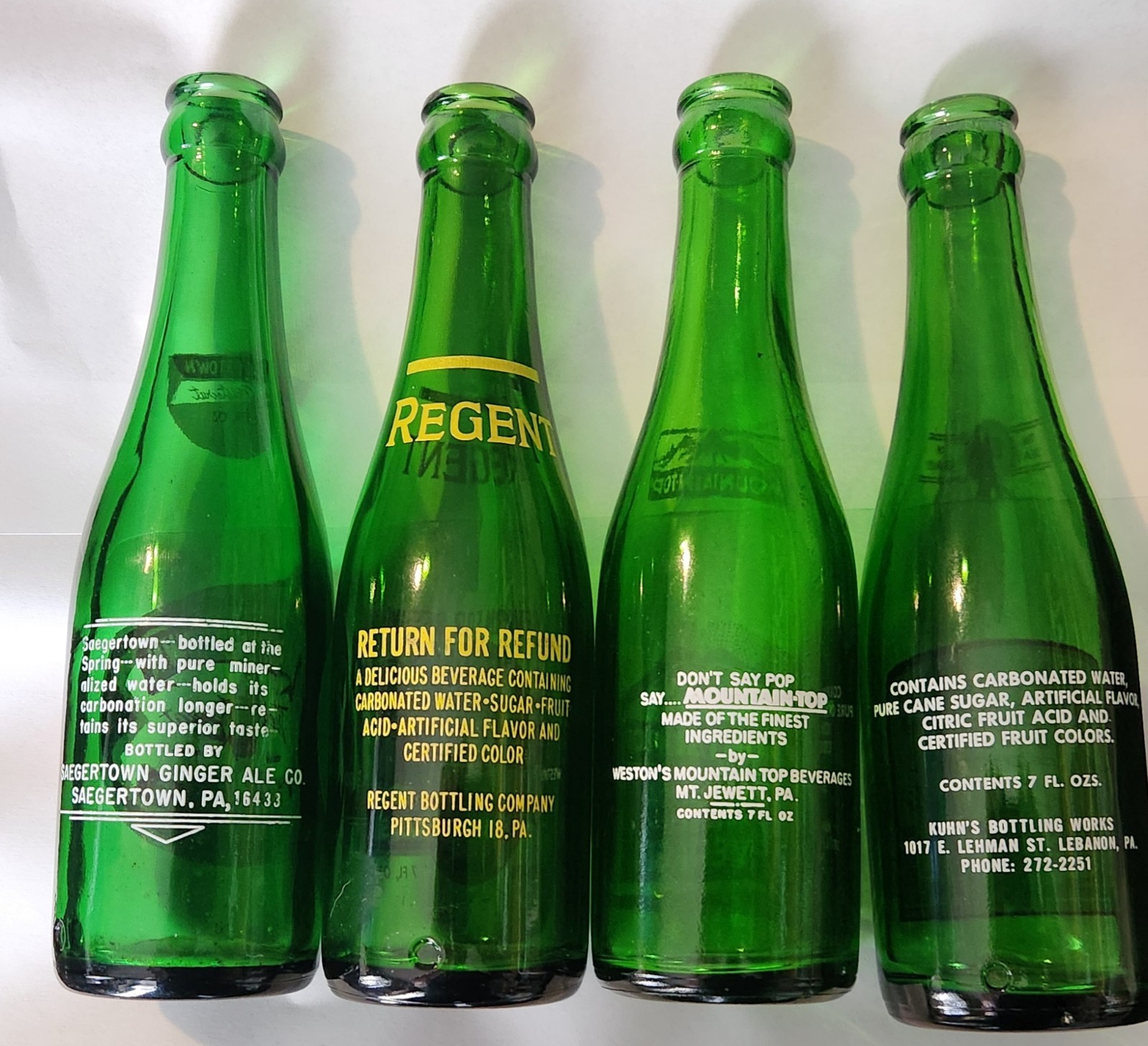 Lot Of 4 Vintage 7oz Green Soda Bottles In Nice Shape Penna Bottling Companys