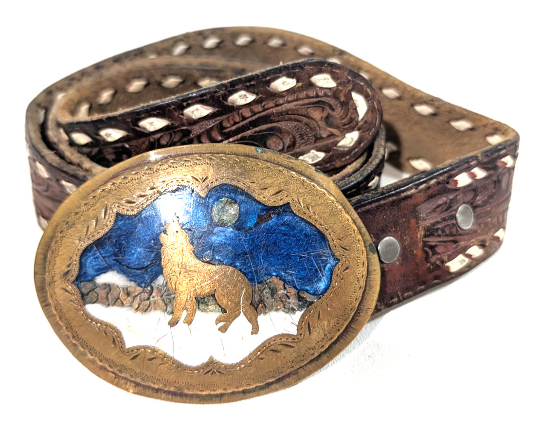 Vintage Brass Stone Inlay Howling Wolf Belt Buckle with Leather Studded Belt