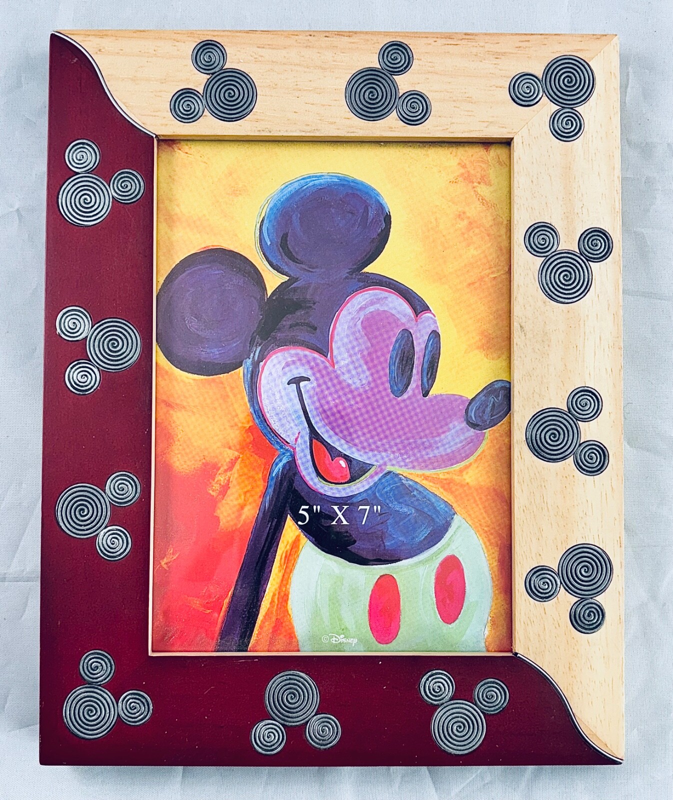 WALT DISNEY INLAID METAL MICKEY MOUSE 2-TONE WOOD 9.5×7.5 PICTURE FRAME 5×7 PIC