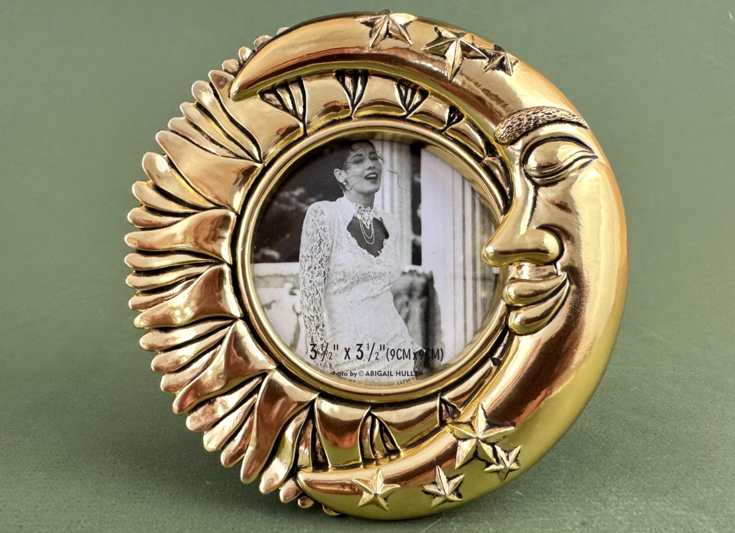 Abigail Huller Gold Gilt Resin Moon Face Stars Round Picture Frame 3.5×3.5”