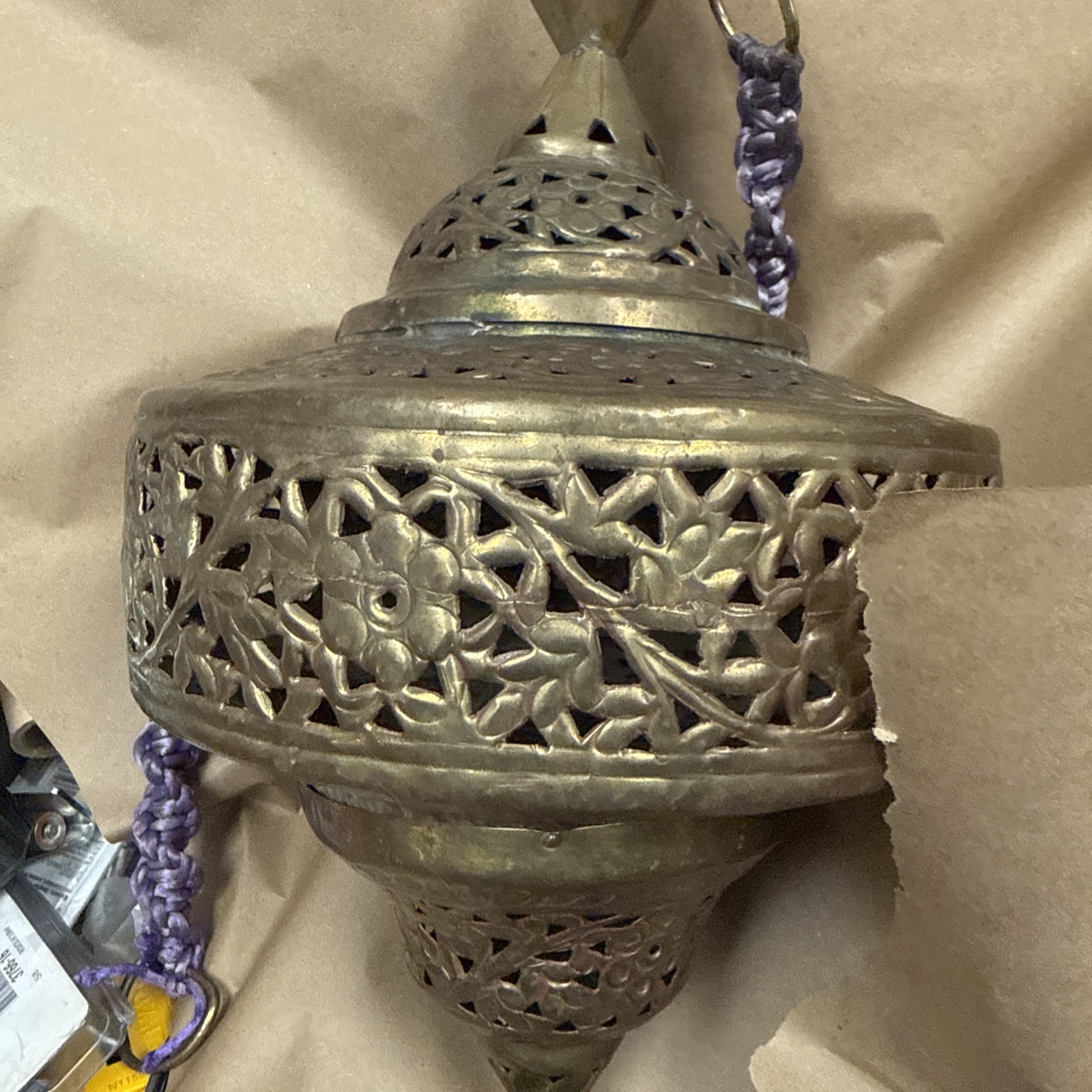 Vintage Pierced Brass Pendant Hanging Lantern Light Turkish Fixture- Middle East