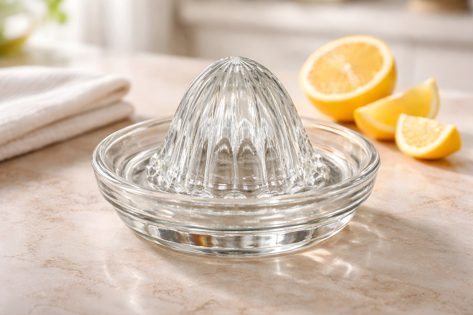 Vintage clear glass citrus reamer with ridged top and collection basin 3”x1.5”.