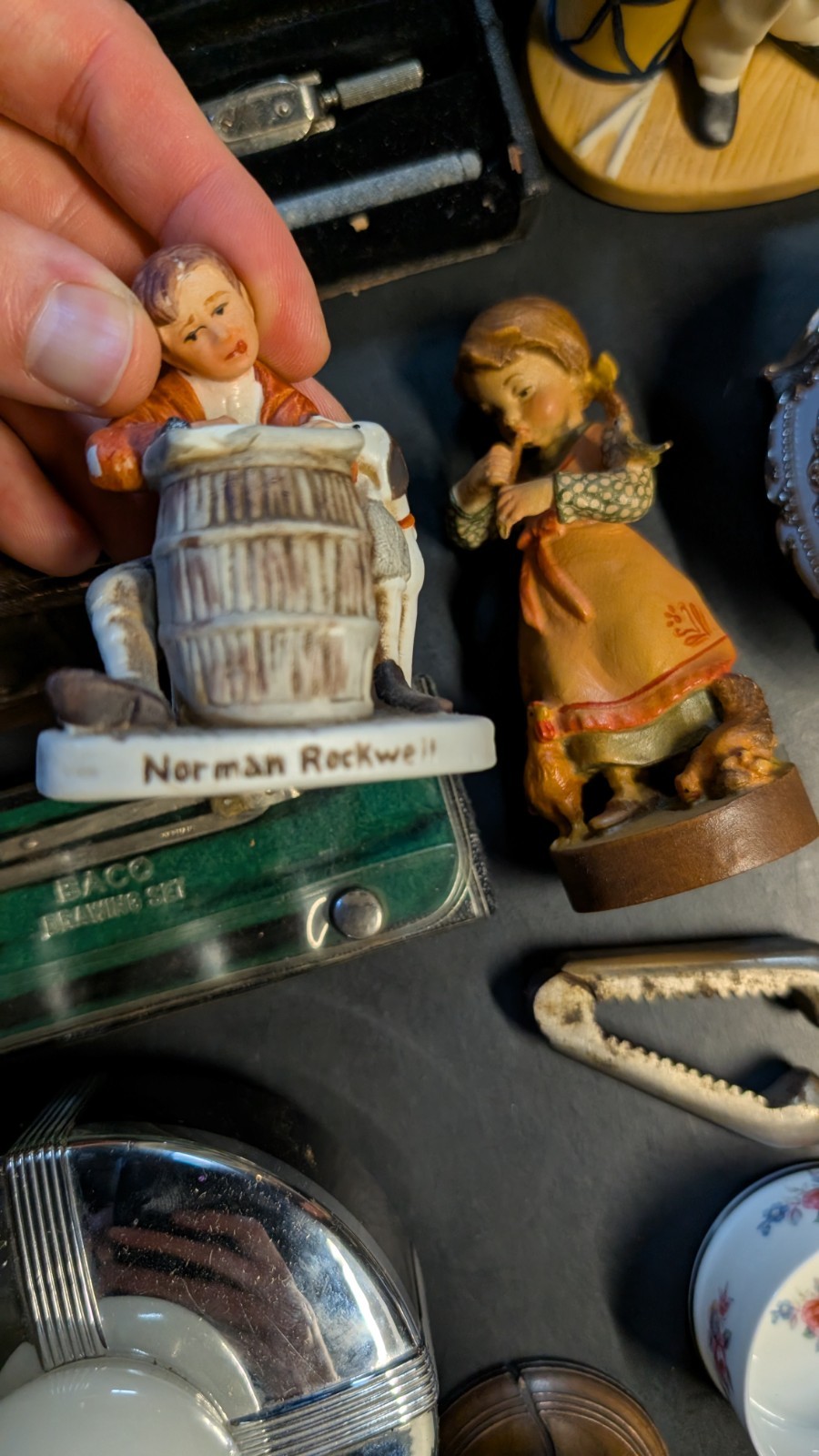 Vintage Figurine Pepsi bottle caps China plate Eveready Flashlight Drafting Tool