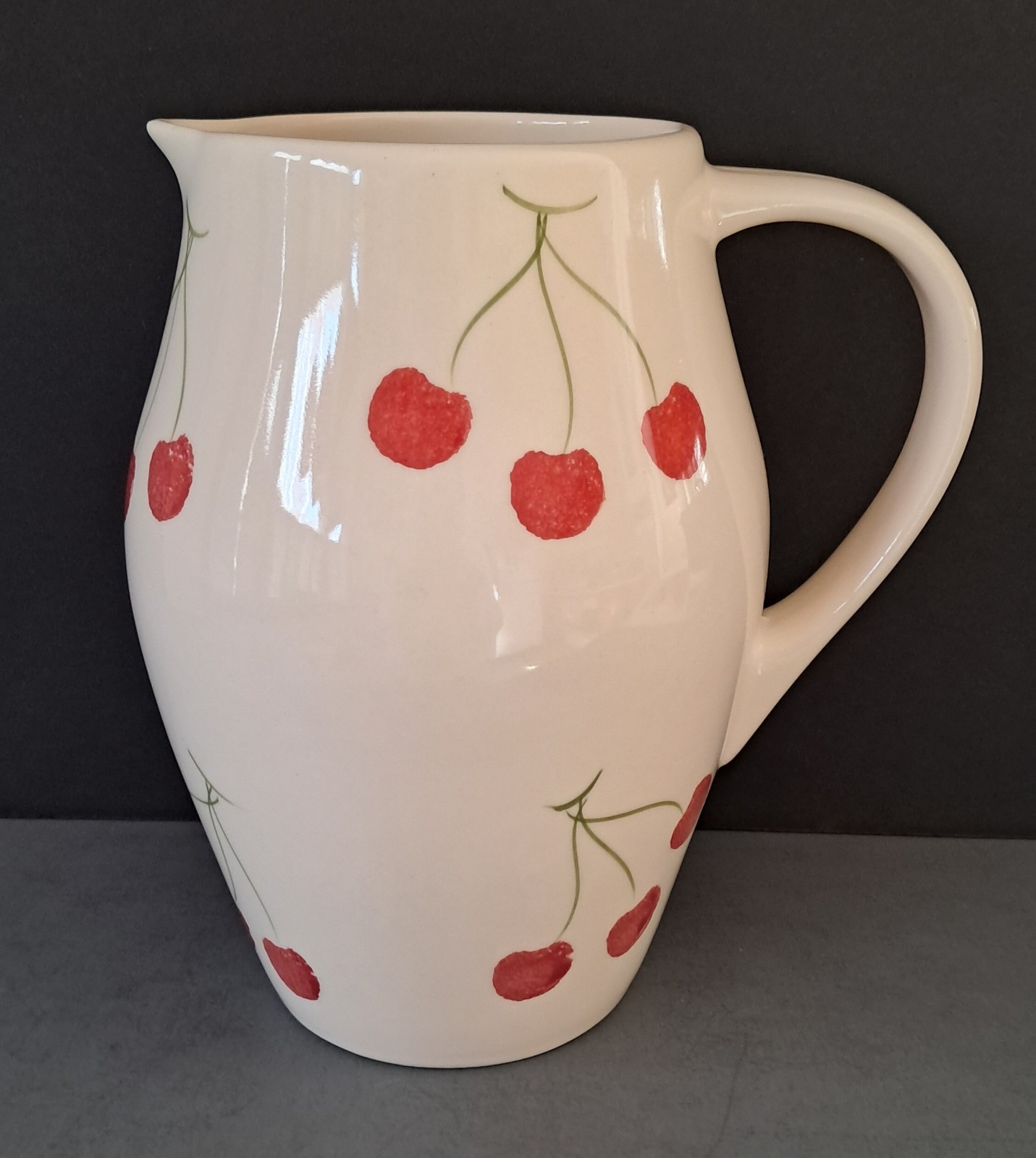 Barbara Eigen Signed Pitcher w/Cherry Motif from Portugal 8 3/8″ Tall *PRISTINE*