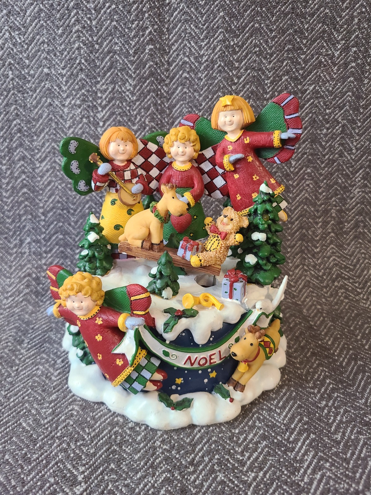 Vintage Studio Nova Christmas Patchwork Angel Music Box with lights and movement