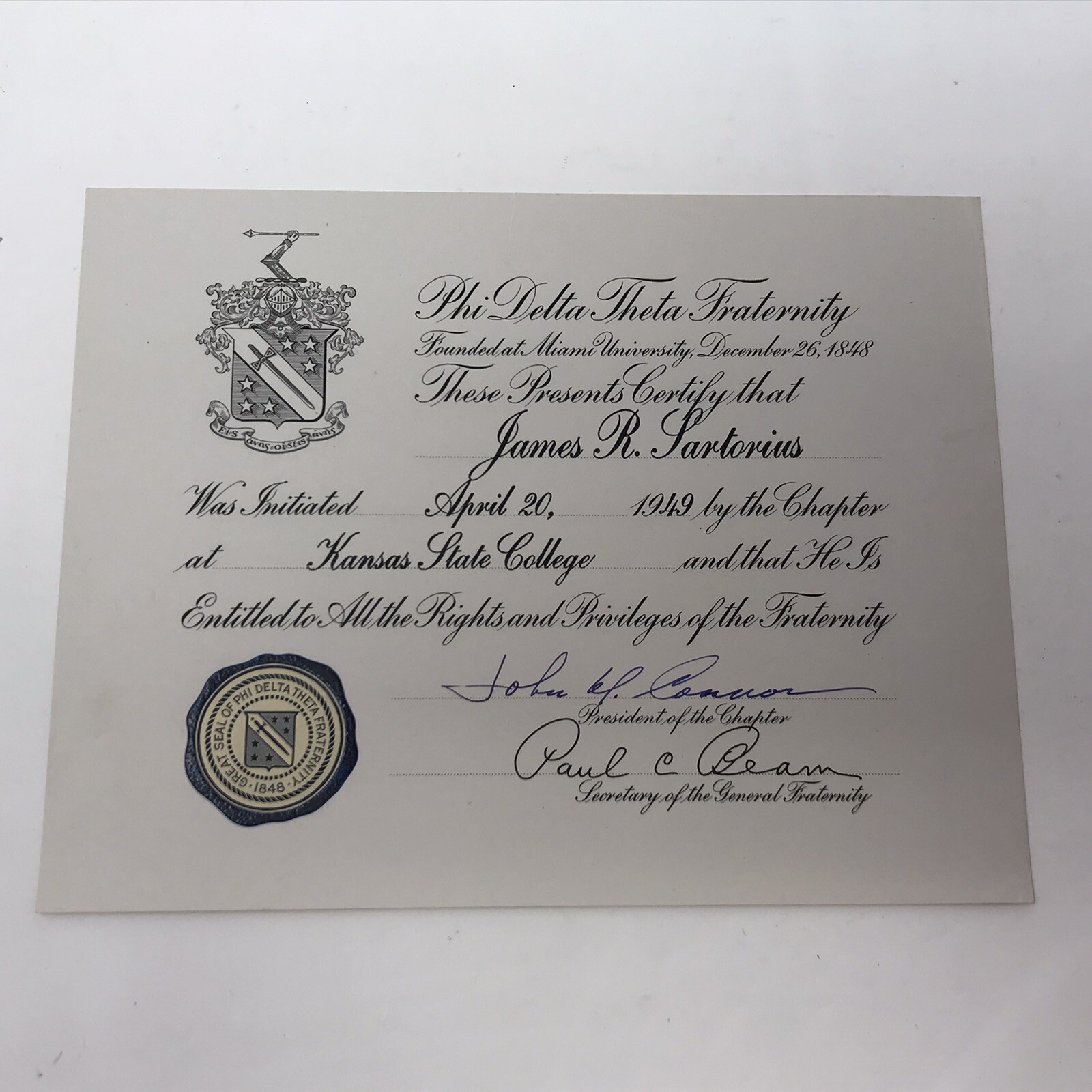1949 Phi Delta Theta Fraternity Certificate Kansas State College and Photo 1920