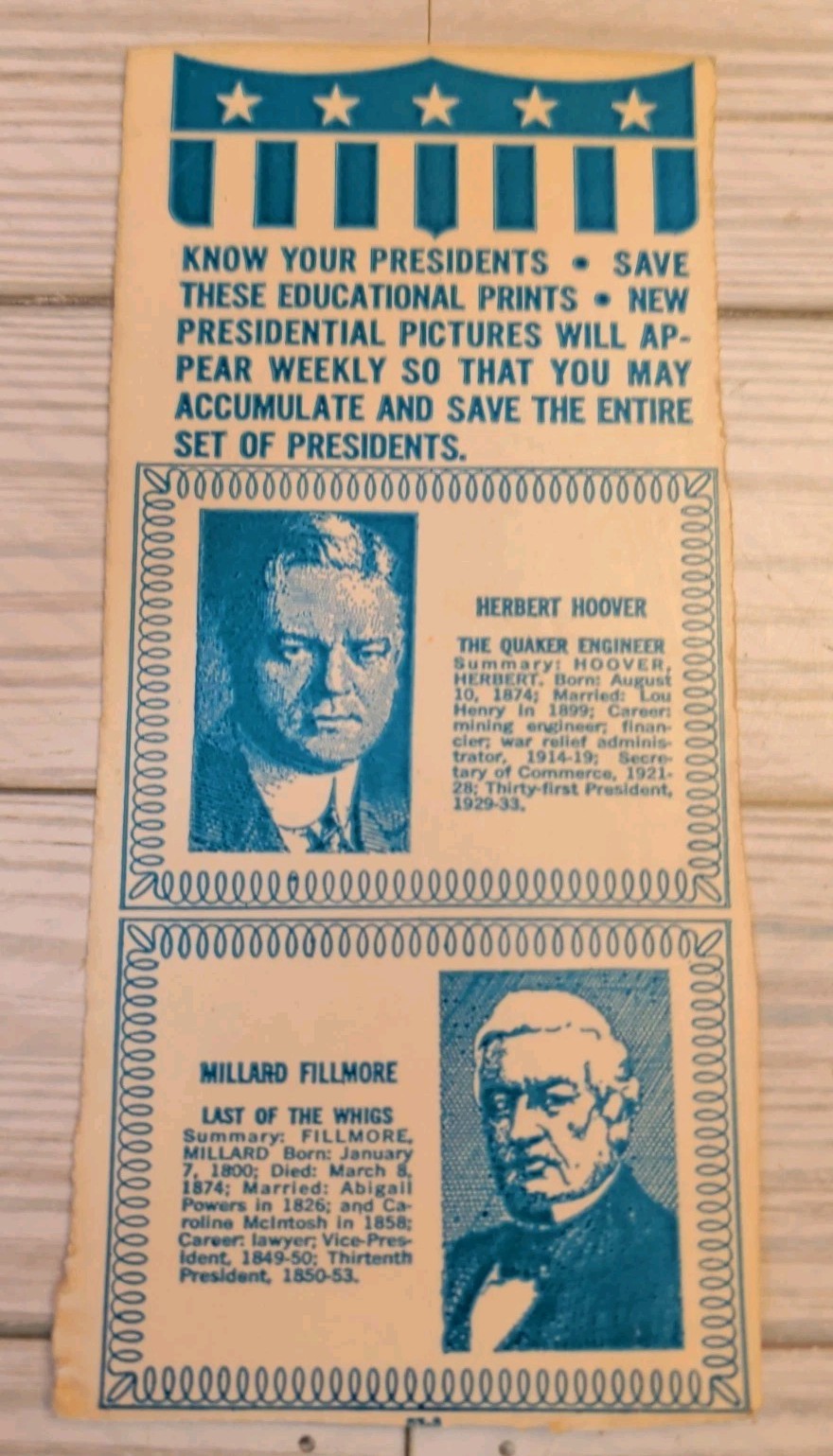 VTG “Know Your Presidents” Collector Fact Card 3.5″x7.5″ Hoover & Fillmore