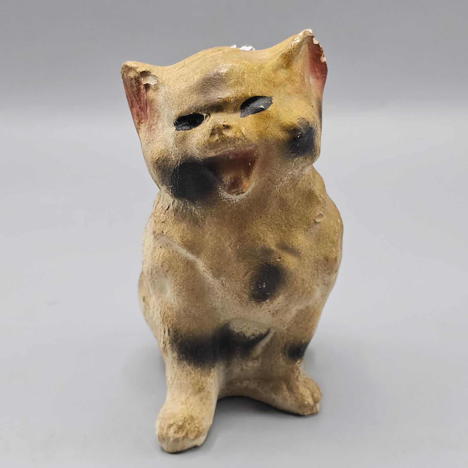 Vintage Chalkware Carnival Prize? Cat Halloween Angry Rustic Calico 6″ Folkart