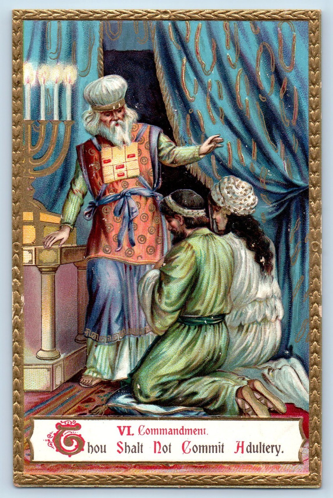 Religious Postcard VI Commandment Thou Shalt Not Commit Adultery Embossed Tuck
