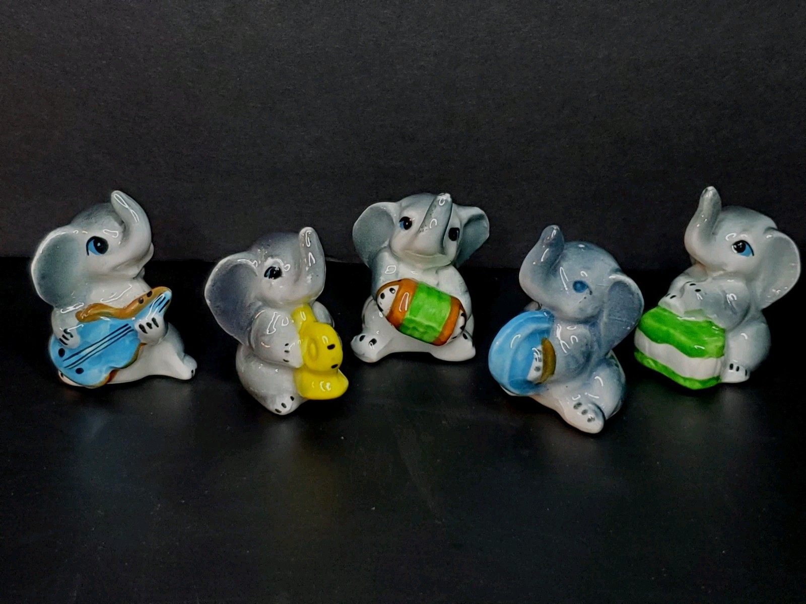 Vintage Set Of 5 Elephant Band Playing Musical Instruments Miniature Figurines