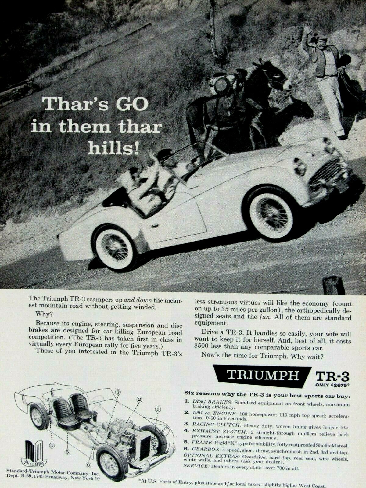 1960 Triumph TR 3 Thar’s Go In Them Thar Hills-Original Print Ad 8.5 x 11″