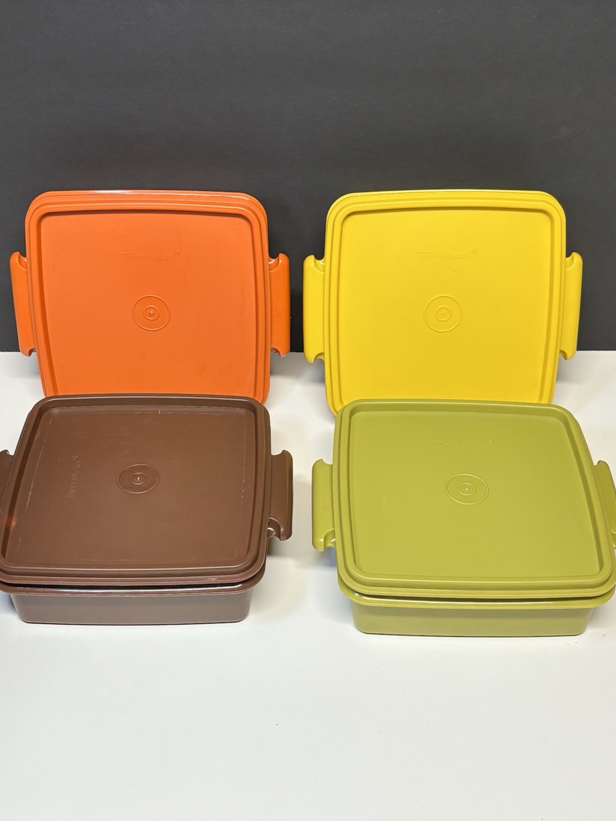 4 VTG Tupperware Squared Away #1362 Stackable Containers W/Lids Harvest Colors