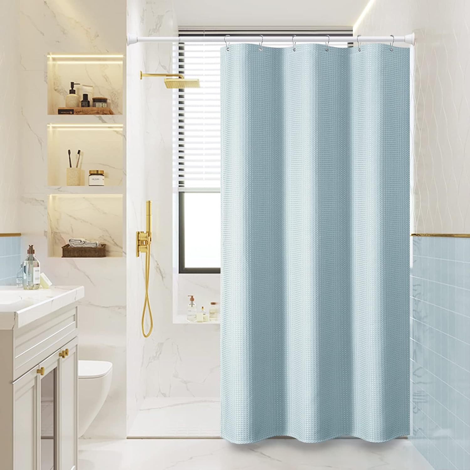 Dynamene Stall Fabric Shower Curtain – 36×72 Waffle 72.00″ x 36.00″, Fog Blue