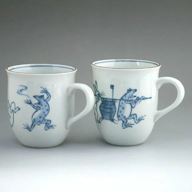 Kyoto Ware Blue White Porcelain Mugs Choju-giga Design Pair 8.7cm (3.4in)