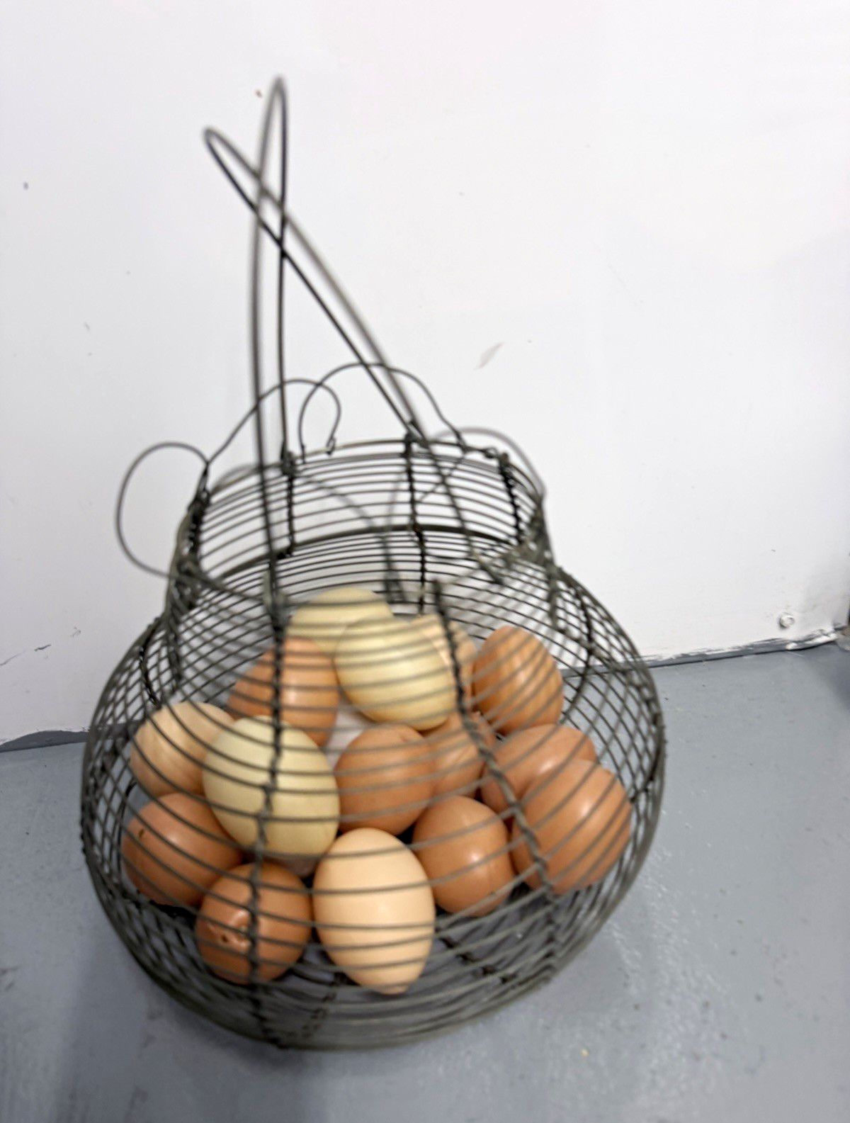 Black Metal Wire Egg Basket w/ Handle, Round Mesh Weave, Decorative Loops