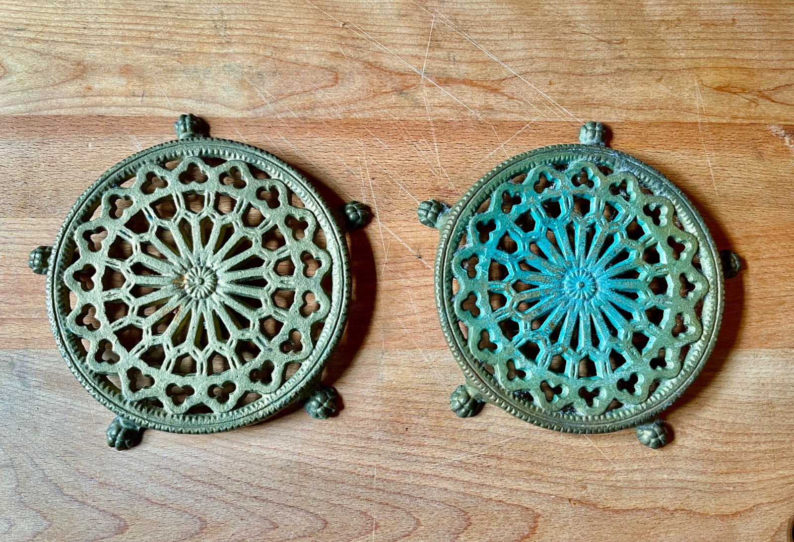 Vtg Solid Brass Trivets (2) Gothic Rosette Lion Paw Feet 1960s US 6” Approximate