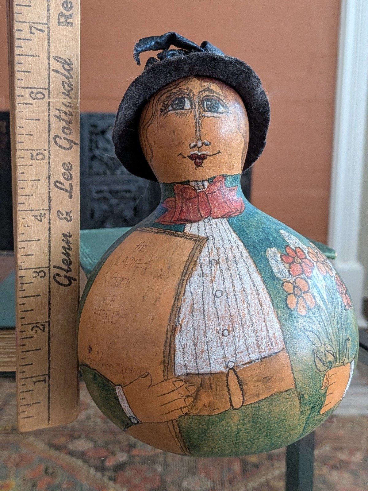 Folk Art Gourd Karen Lee Spencer Style Hand Painted Vtg 90s Sculpture Portrait