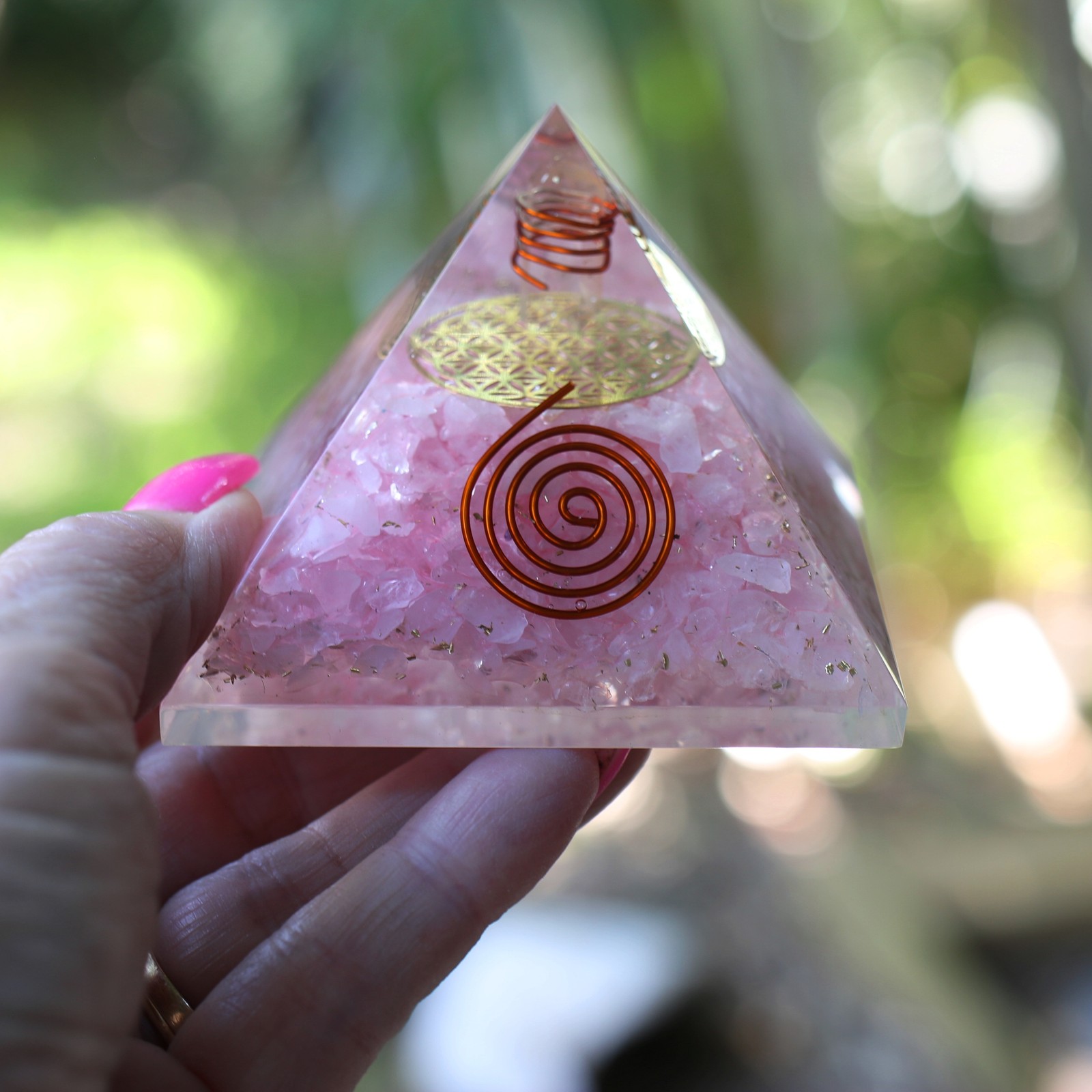 Rose Quartz Orgone Pyramid 75mm EMF Protection Energy Generator Flower of Life